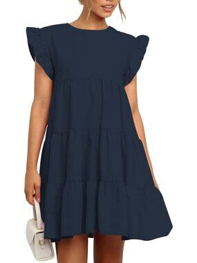 Women's Navy Casual Ruffle Sleeve Round Neck Solid Loose Fit Shift Mini Dress